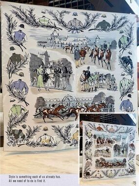 Equestrian Print Silk-Feel Scarf in Cream, Brown & Green. 100%silk.  90 X90cm